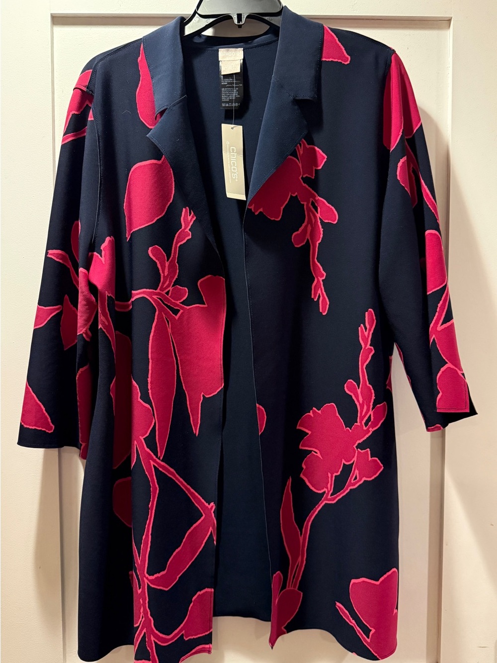 Chico's Navy Open-Front Blazer with Bright Pink Floral